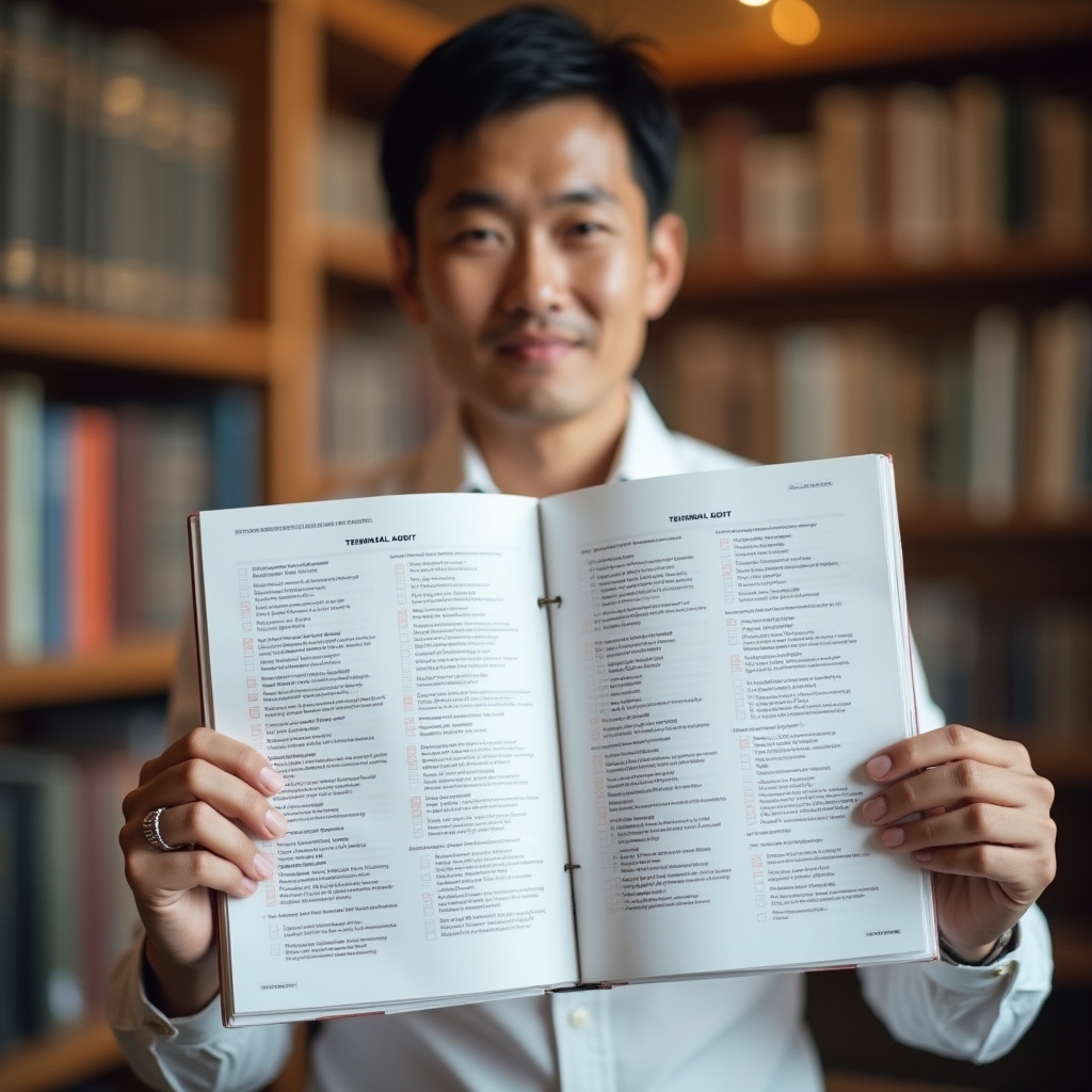 Auditor reviewing a detailed technical checklist with annotations on printed pages