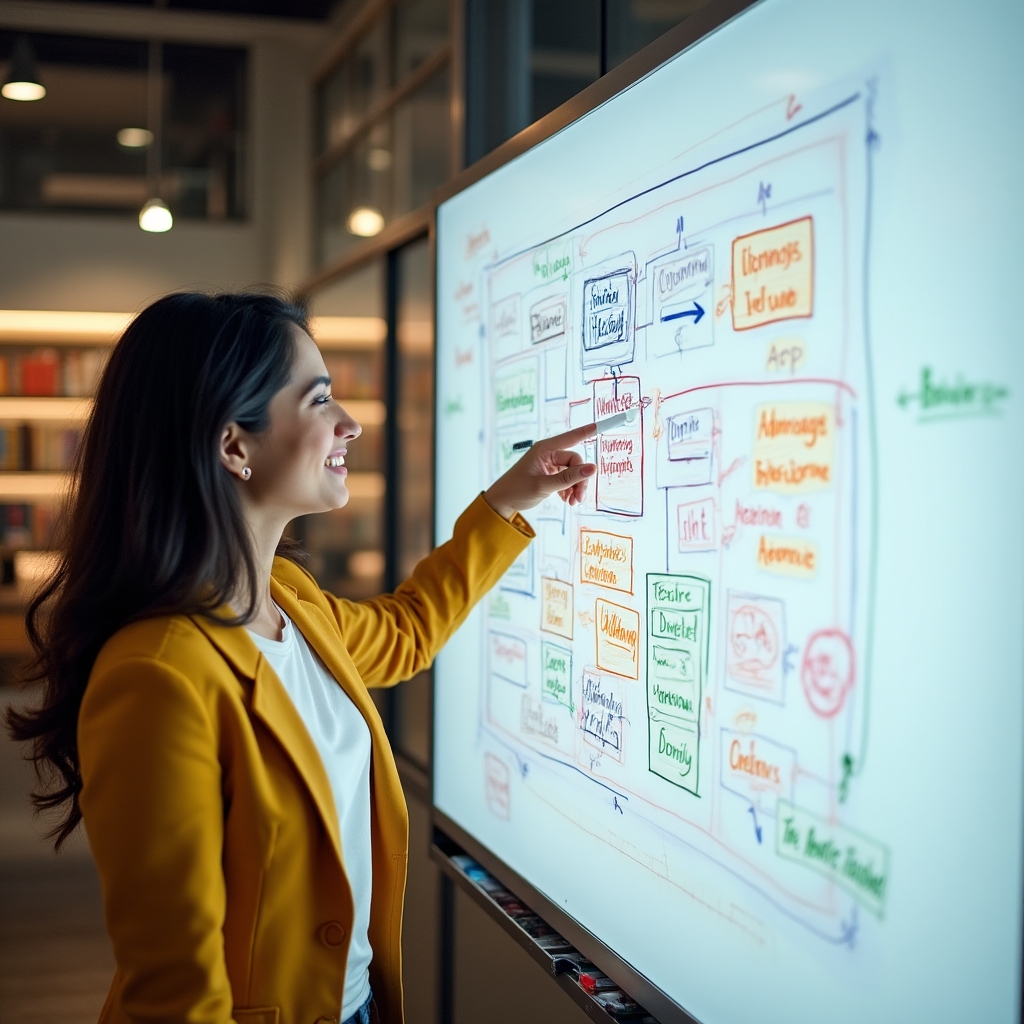 Mobile app architecture diagram on whiteboard during planning session