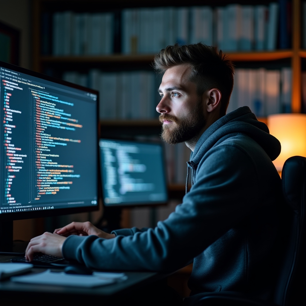 Security vulnerability analysis on a large monitor showing code patterns