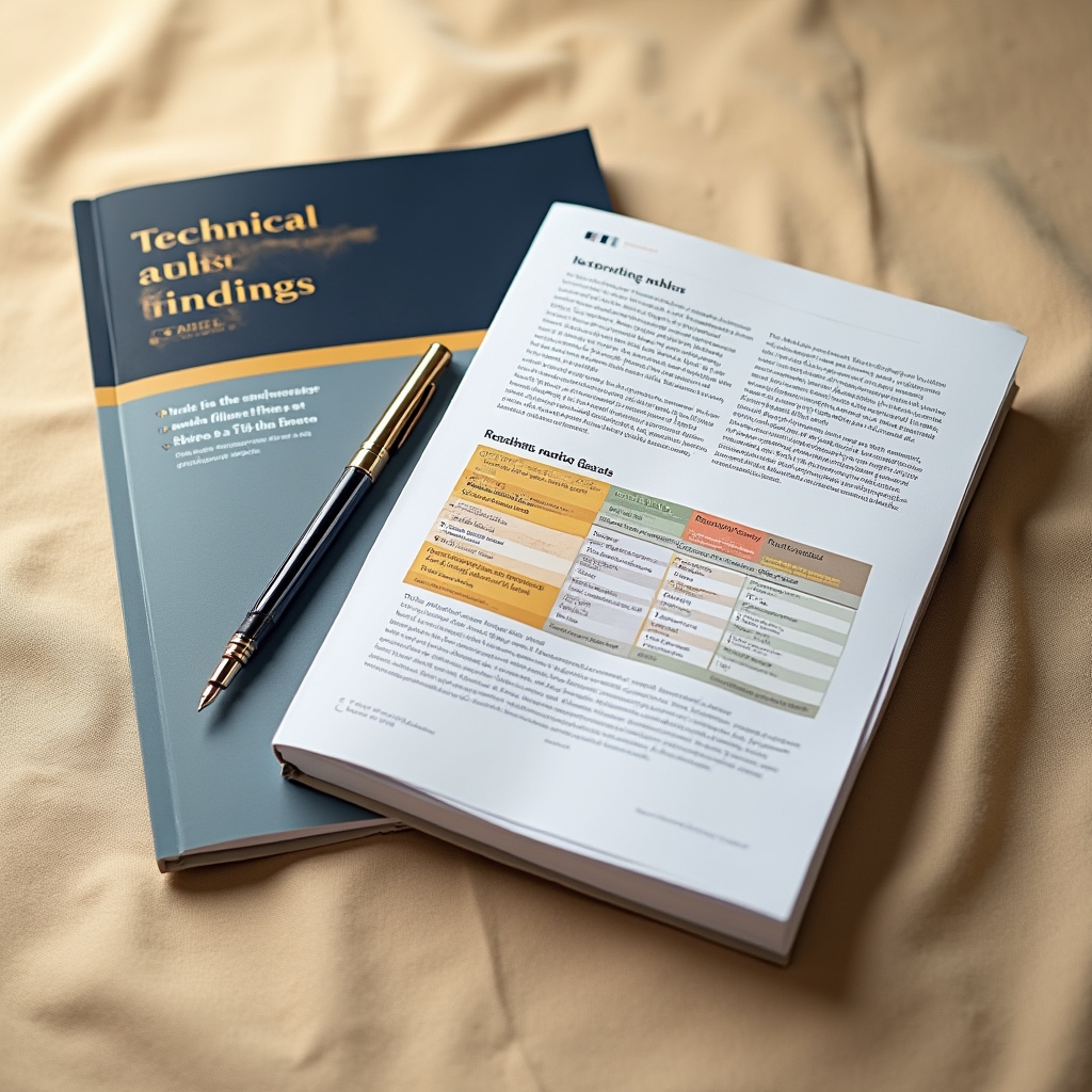 Printed technical audit findings report with highlighted sections and margin notes